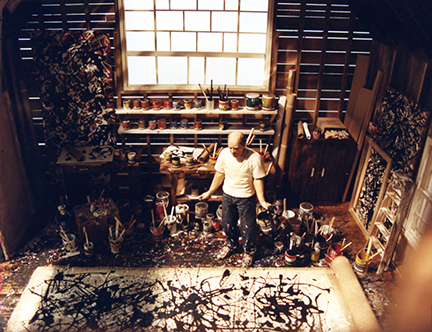 A detail view of <i>Jackson Pollock 1951</i>; showing the artist at work in his studio in Springs, NY. 